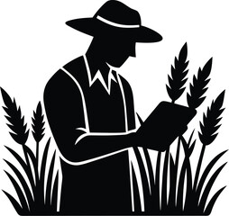 A silhouette of a farmer wearing a hat examines wheat stalks in a field, suggesting agricultural work and crop assessment.