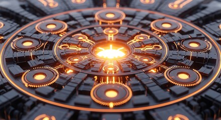 Futuristic circular electronic device with glowing orange lights and intricate mechanical components, representing advanced technology and power