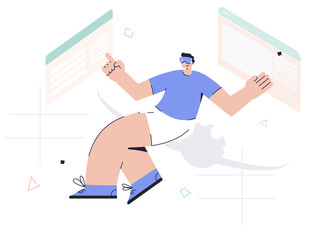 Man using VR glasses with virtual screens in modern flat illustration