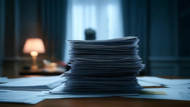 A large stack of papers placed on a desk at office, Business office table or desk full of pile or stack of many papers	