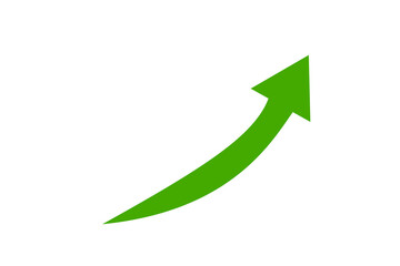 Green curved upward arrow symbol for growth, progress, success, business improvement, and modern graphic projects