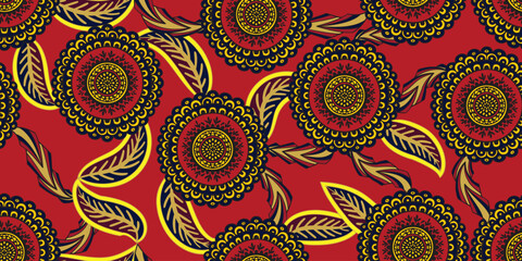 African fabric pattern, African design red and black floral, leaf gold, bohemian seamless fabric style, Chitenge fabric made from Dutch wax, flower motif, Ankara beautiful red floral circle.