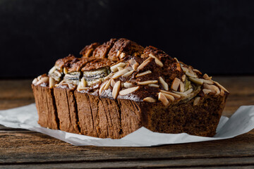 Freshly Baked Banana Bread with Almonds and Chocolate Topping
