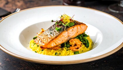 Plated salmon and risotto dish