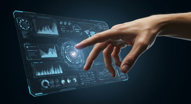 Human hand touching digital holographic interface, IT innovation, isolated PNG with transparency
