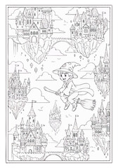 Cute wizard boy flying on a broomstick among majestic floating castles, with detailed architecture and magical surroundings.