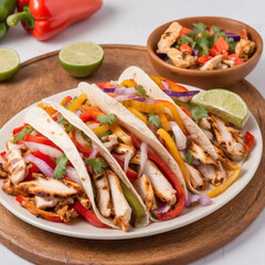 Grilled chicken fajitas with bell peppers and onions, isolated on white background, Mexican food concept.
