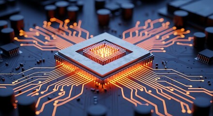 Detailed view of a central processing unit cpu on a motherboard, with glowing orange circuits extending outwards, signifying advanced technology, data flow, and connectivity