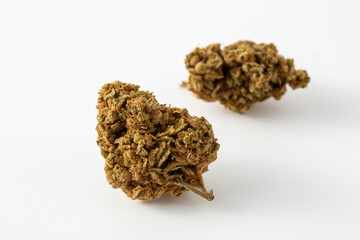 Close-Up View of Green Cannabis Buds on a White Background