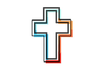 Obraz premium A modern stylized christian cross with an outline effect and vibrant color gradient shadows displaying faith and spirituality