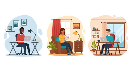 People working and relaxing at home, utilizing laptops and tablets for remote work or leisure. Illustrates flexible modern lifestyles and efficient home offices.