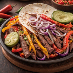 Juicy beef fajitas served with grilled peppers, onions, and spices, isolated on white background.
