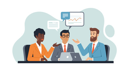 Business professionals collaborating in a meeting, discussing strategy and analyzing data. Ideal for corporate communications, teamwork, and financial concepts.