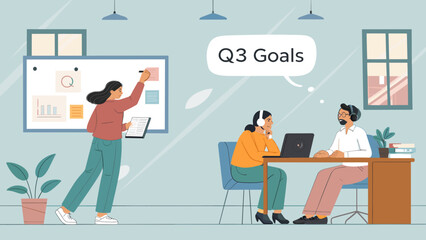 Team collaborating in a modern office, planning Q3 goals. Illustrates business strategy, meeting, and project management.