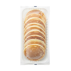 Photo of a stack of goldenbrown pancakes neatly arranged in a clear plastic tray, isolated on a transparent background, perfect for breakfast or brunch