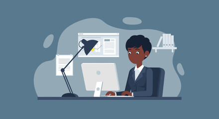 Professional Black woman diligently working at her computer in a modern office setting, representing productivity, technology, and successful business careers.