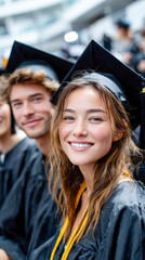 Obraz premium Smiling graduate in cap and gown at outdoor ceremony with classmates in background