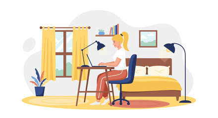 A young woman comfortably works on her laptop at a desk in her bright home bedroom, illustrating remote work, online learning, and a productive lifestyle.