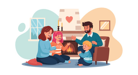 Happy family enjoys a cozy evening by the fireplace at home. Parents and children share warm moments of love, comfort, and togetherness. Ideal for family lifestyle and bonding.