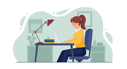 Happy woman working remotely on laptop at her home office desk. Concept of productivity, remote work, or online learning lifestyle.