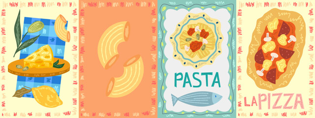 Food poster with pasta and pizza. Italian food poster. Kitchen postcard with Italian spaghetti, cheese and sardine