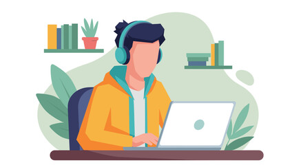 Young person using laptop with headphones in a home office setup, symbolizing remote work, online education, or focused productivity. Ideal for lifestyle and business concepts.