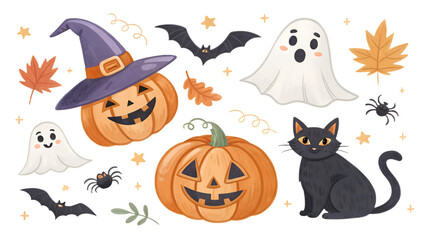 Fototapeta premium Halloween clipart pack with carved pumpkins, witch hats, spooky ghosts, bats, black cats, isolated on transparent background, PNG set