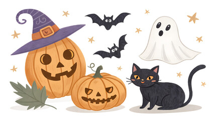 Halloween clipart pack with carved pumpkins, witch hats, spooky ghosts, bats, black cats, isolated on transparent background, PNG set