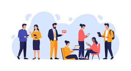 Diverse group of professionals collaborating and communicating with digital devices. Represents modern business, teamwork, networking, and social media interaction.