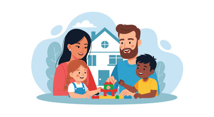A happy, diverse family plays with colorful building blocks in front of their home, symbolizing love, security, and childhood development. Ideal for family, education, or real estate concepts.