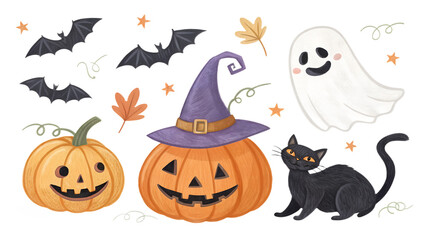 Fototapeta premium Halloween clipart pack with carved pumpkins, witch hats, spooky ghosts, bats, black cats, isolated on transparent background, PNG set