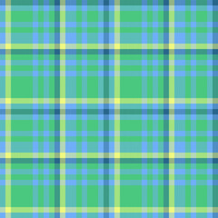 Seamless plaid pattern in vibrant green, blue, and yellow. Classic textile design perfect for backgrounds, fabrics, and creative projects. Versatile, timeless, and visually appealing.