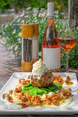 meat, veal fillet on crunchy sugar snap peas and aromatic chanterelles, refined with an intense jus...