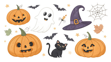 Halloween clipart pack with carved pumpkins, witch hats, spooky ghosts, bats, black cats, isolated on transparent background, PNG set