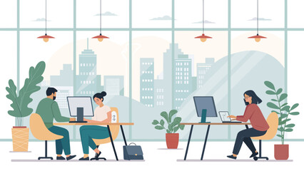 Professionals collaborate and work efficiently in a modern, bright office with a city view. Ideal for business, productivity, or remote work concepts.