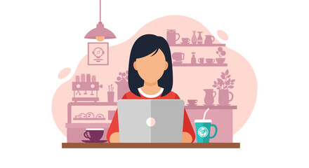 Woman working remotely on laptop in a stylish cafe setting. Perfect for themes of productivity, freelance, online business, and digital lifestyle.