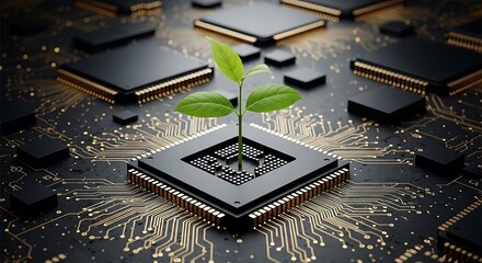 A small green plant sprouts from the center of a black computer processor chip, symbolizing growth and sustainability within technology
