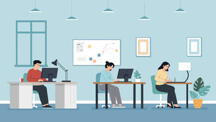 Professionals collaborate and work diligently at computers in a modern office, depicting productivity, teamwork, and a thriving business environment.