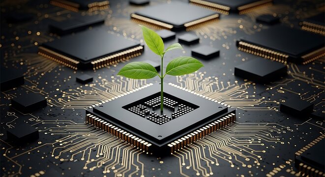 A small green plant sprouts from the center of a black computer processor chip, symbolizing growth and sustainability within technology