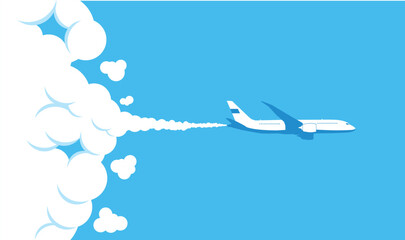 Airplane in blue sky takes off from clouds leaving trail behind. Illustration, editable vector template for webpage header.