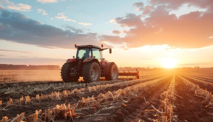 Obraz premium Modern tractor working in golden farmland during sunset, cinematic agriculture landscape.