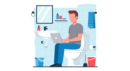 Man multitasking on his laptop while sitting on a toilet, illustrating remote work, flexible schedules, or a humorous take on work-life balance.