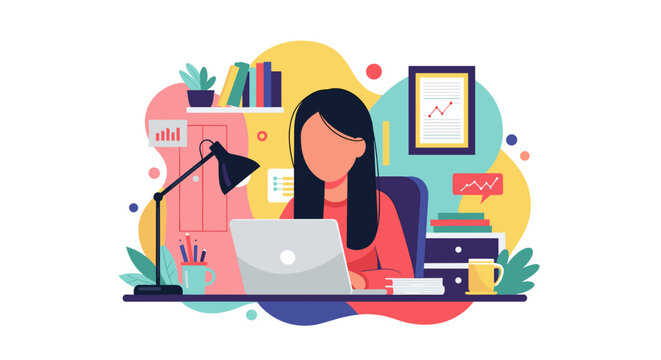 Woman working remotely on a laptop at her home office desk, surrounded by business documents, books, and a plant. Represents modern productivity and dedicated work life.