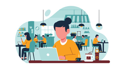 People work and socialize in a modern cafe, illustrating remote work, freelance lifestyle, or a casual business environment.