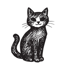 Cat Doodle Black and White Illustration Vector Image Cute Kitten Sketch Line Art Drawing Silhouette

