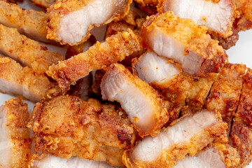 Crispy Fried Pork Belly Slices on a White Plate for Culinary Delight