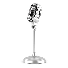 Fototapeta premium Classic retro microphone stand isolated on white background for audio projects.