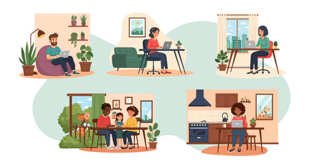People working remotely and a family enjoying time at home, illustrating the flexibility and comfort of modern work-life integration.
