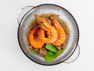 Shrimp Noodle Dish with Fresh Herbs in Clear Glass Serving Bowl