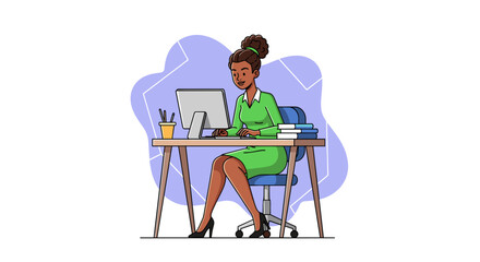 Smiling professional woman works diligently on her computer at a clean desk with books. Ideal for business, education, or technology themes.